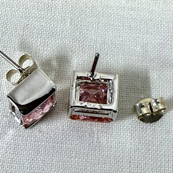 Sterling Silver 925 Pink Princess Cut Crystal Stud Earrings Square Post - Picture 3 of 5